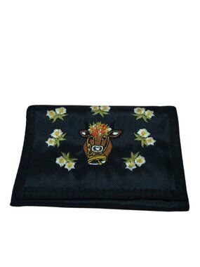Swiss Alp Fantasy Embroidered Highland Cow Trifold Wallet Hook Loop Closure
